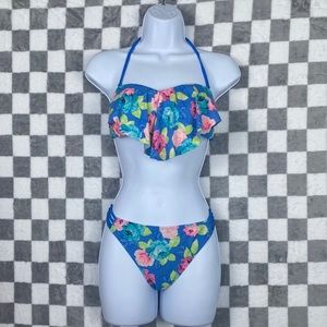 Blue teal neon pink rose bikini swimsuit 2 piece S top L bottom